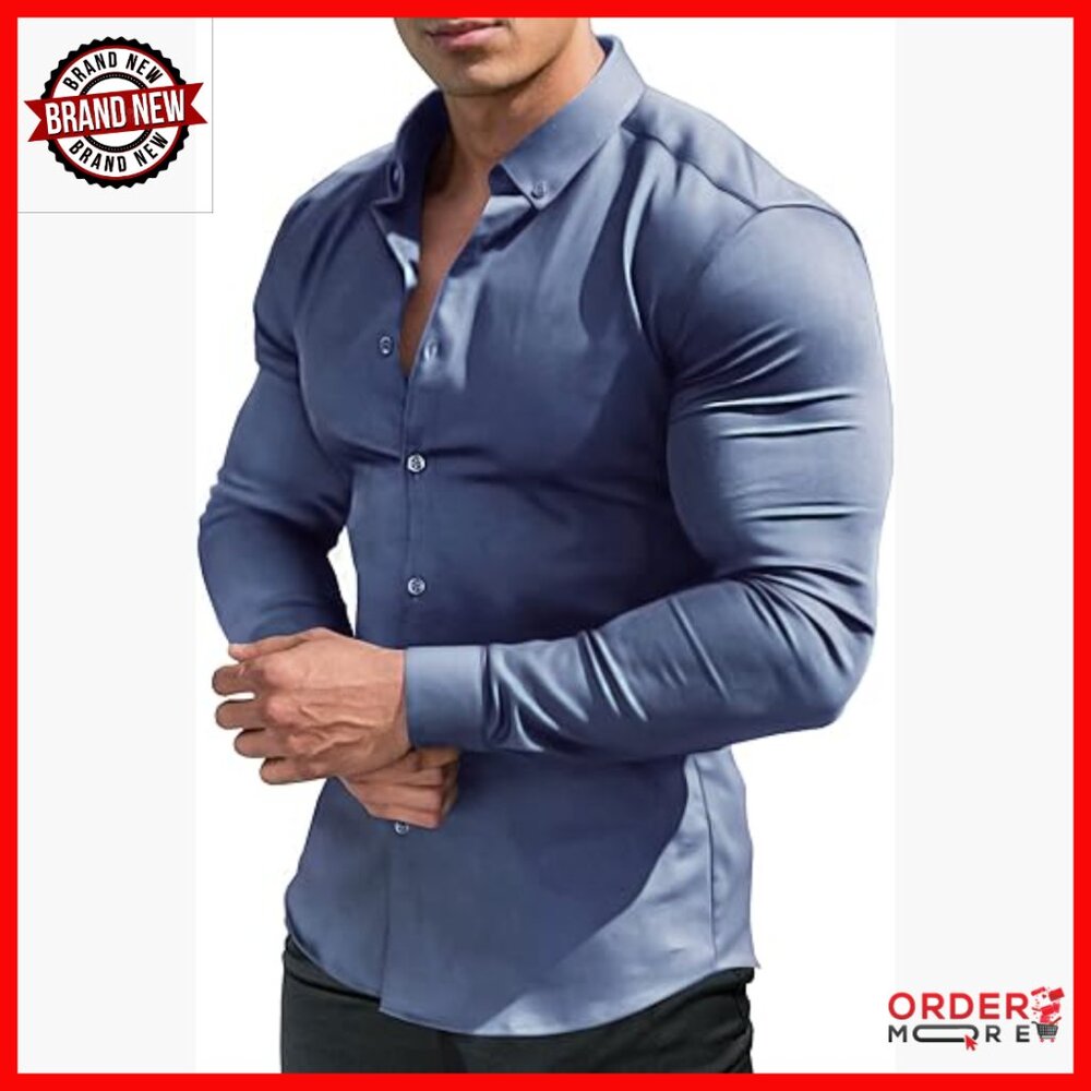 Slim Fit Stretch Button Down Shirt Muscle Fit Casual Dress Shirt